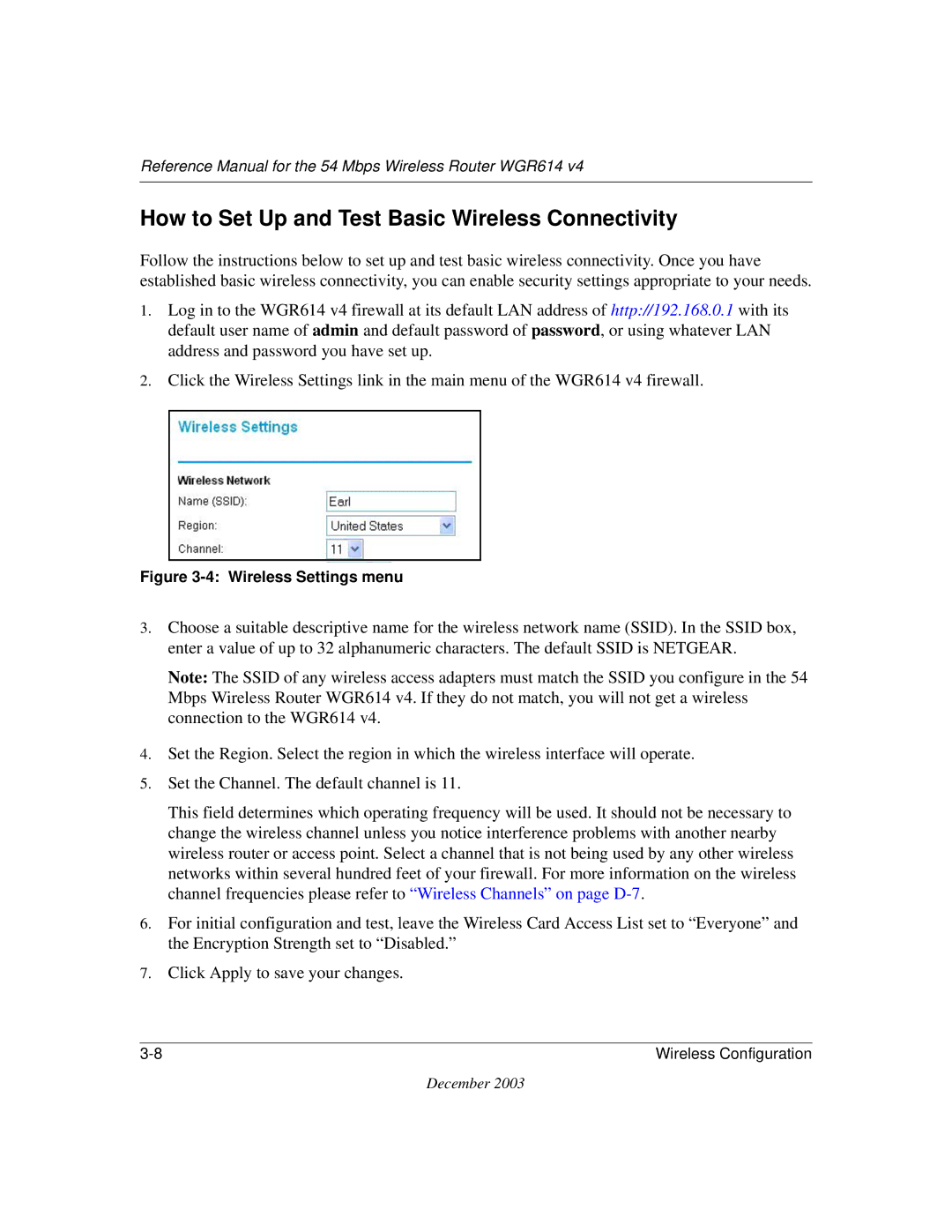 NETGEAR WGR614 v4 manual How to Set Up and Test Basic Wireless Connectivity, Wireless Settings menu 