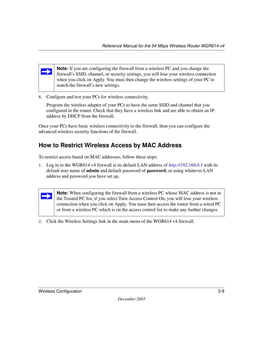 NETGEAR WGR614 v4 manual How to Restrict Wireless Access by MAC Address 