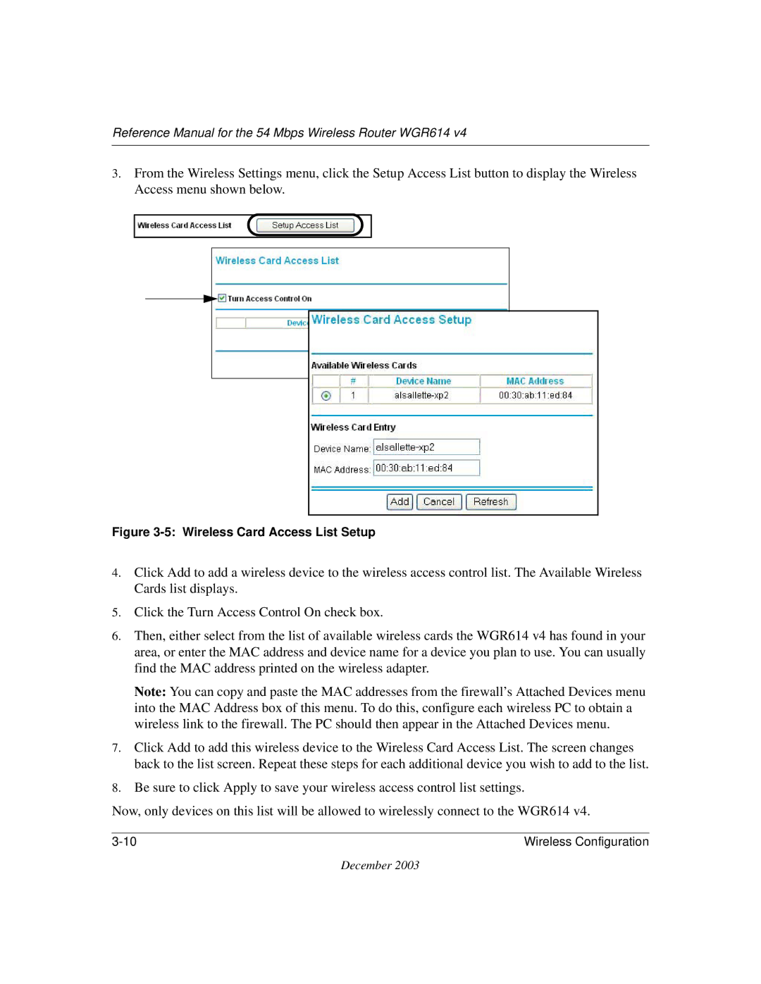 NETGEAR WGR614 v4 manual Wireless Card Access List Setup 