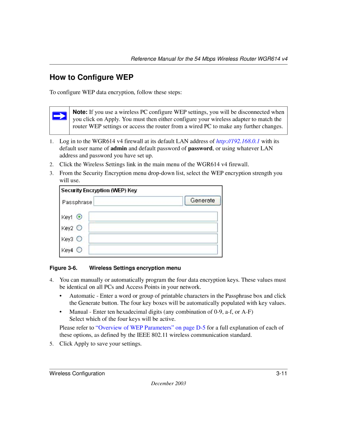 NETGEAR WGR614 v4 manual How to Configure WEP, Wireless Settings encryption menu 