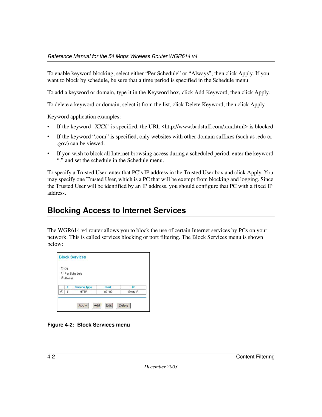 NETGEAR WGR614 v4 manual Blocking Access to Internet Services, Block Services menu 