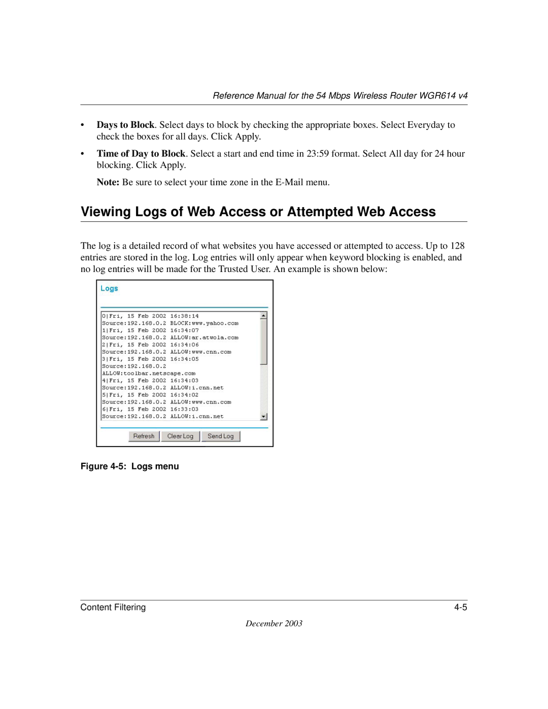 NETGEAR WGR614 v4 manual Viewing Logs of Web Access or Attempted Web Access, Logs menu 