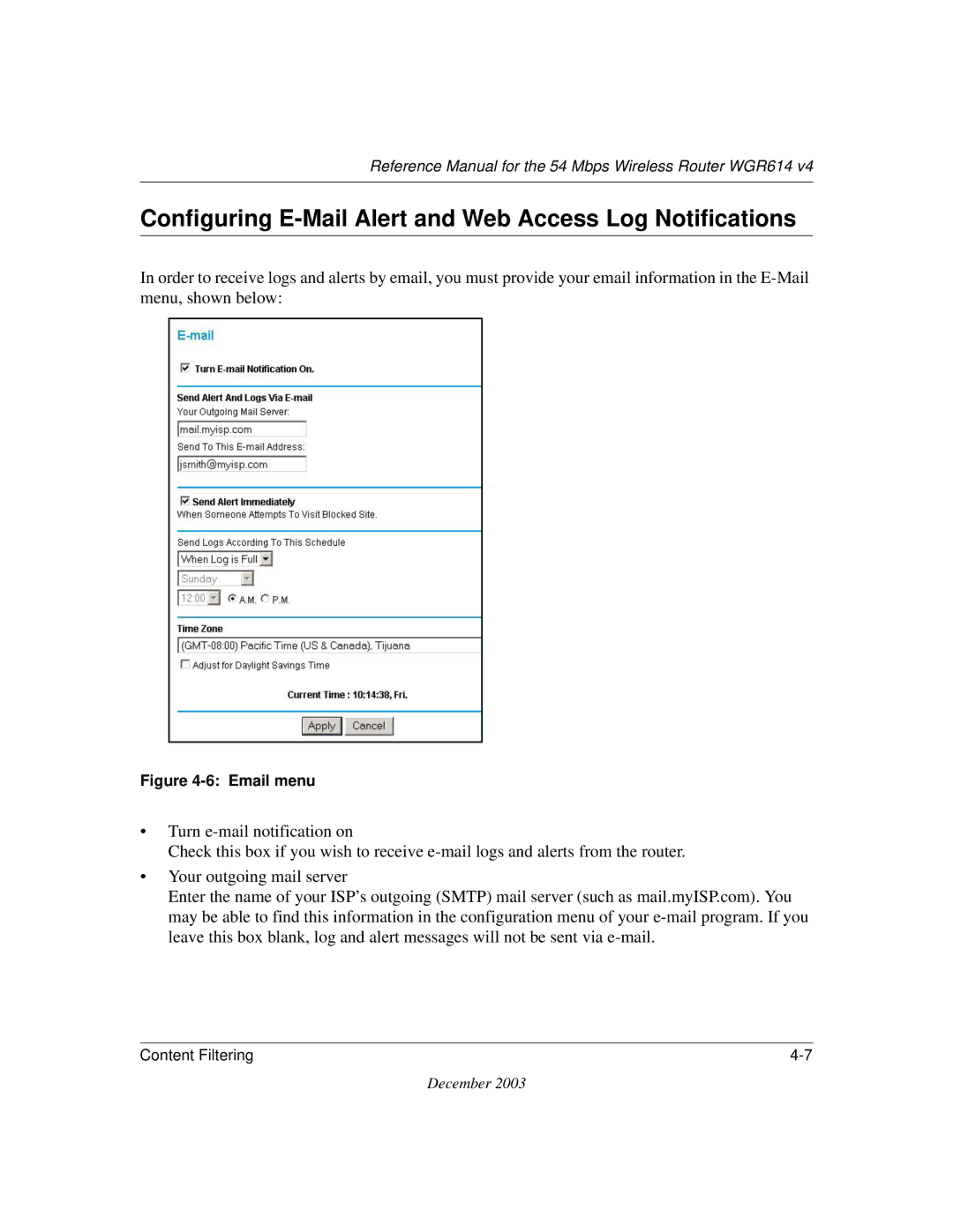 NETGEAR WGR614 v4 manual Configuring E-Mail Alert and Web Access Log Notifications, Email menu 