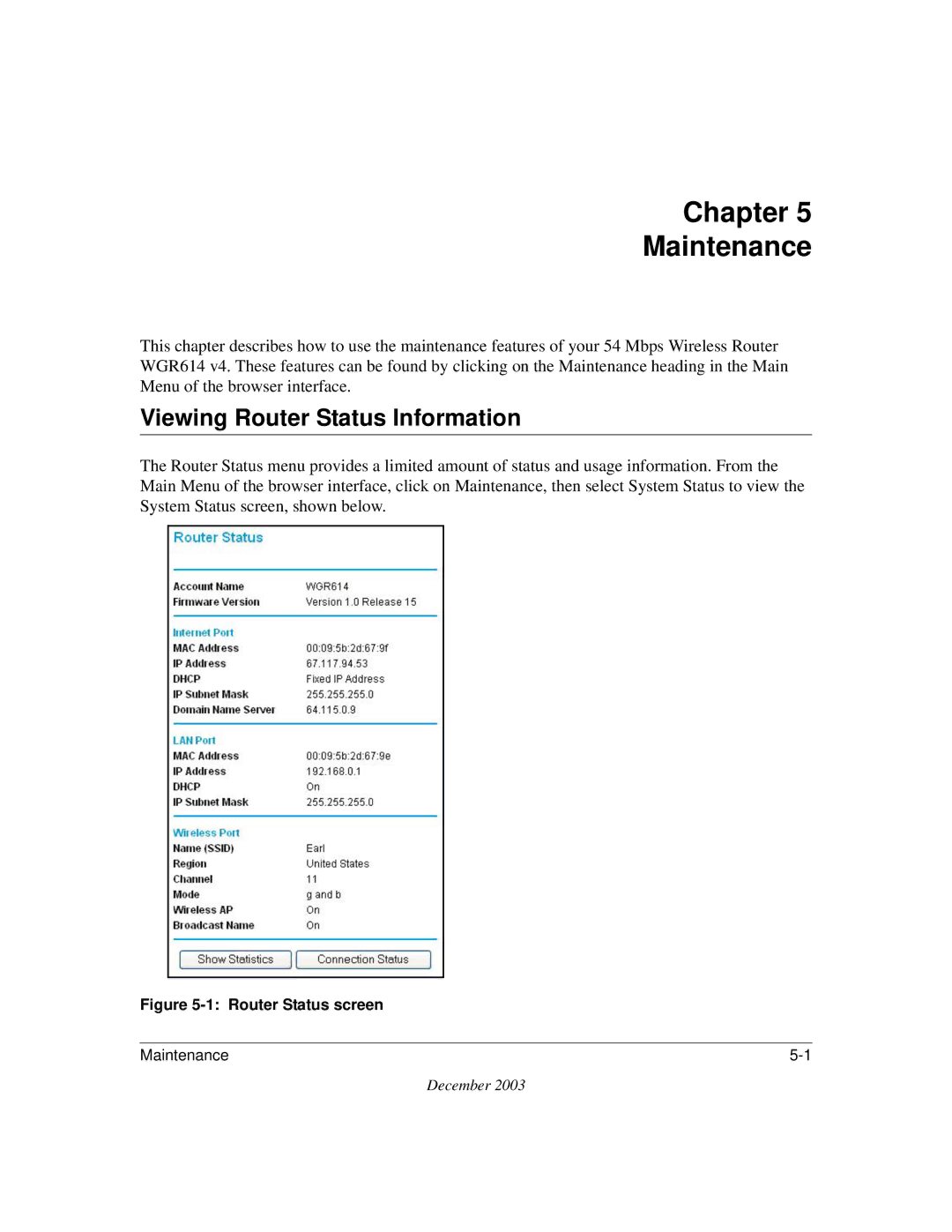 NETGEAR WGR614 v4 manual Chapter Maintenance, Viewing Router Status Information 