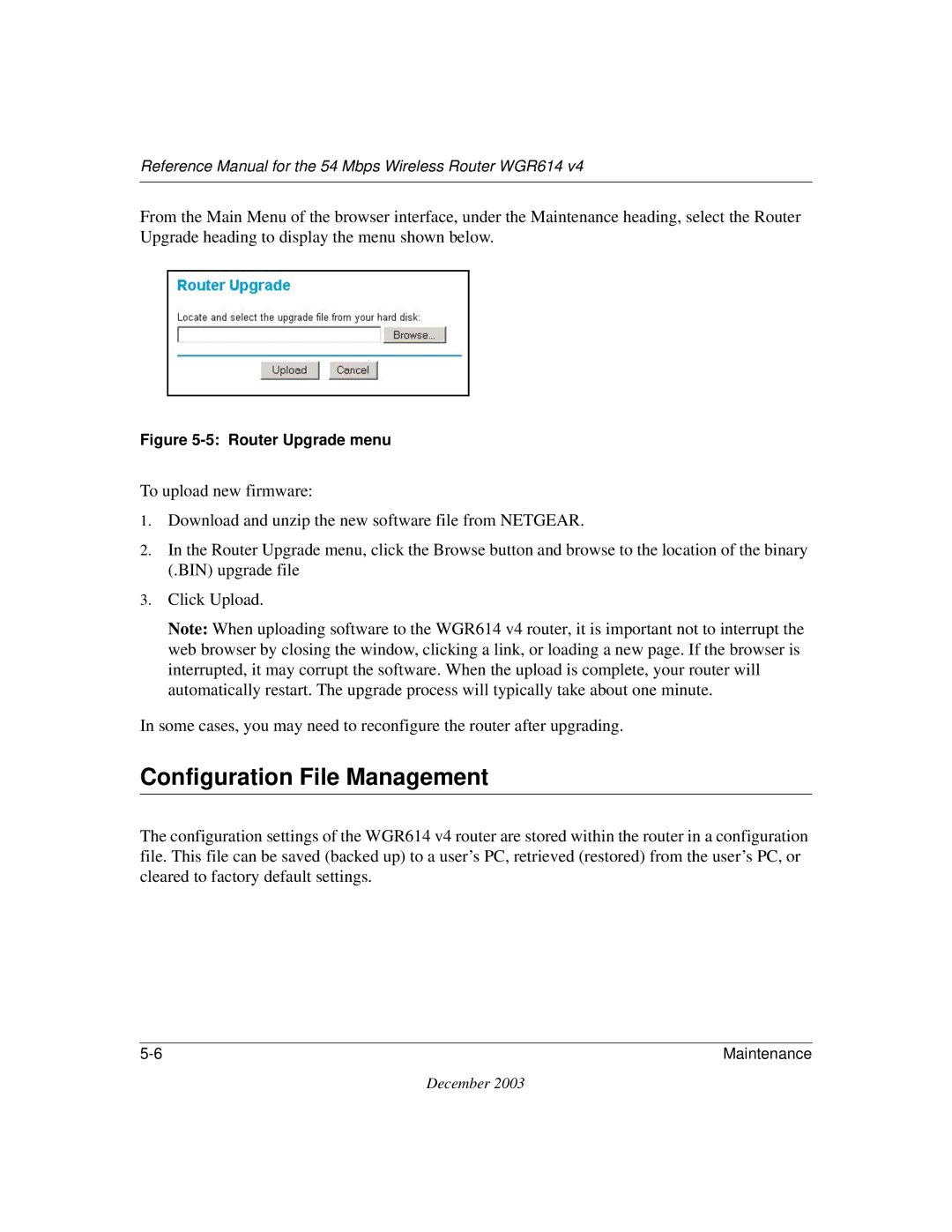 NETGEAR WGR614 v4 manual Configuration File Management, Router Upgrade menu 