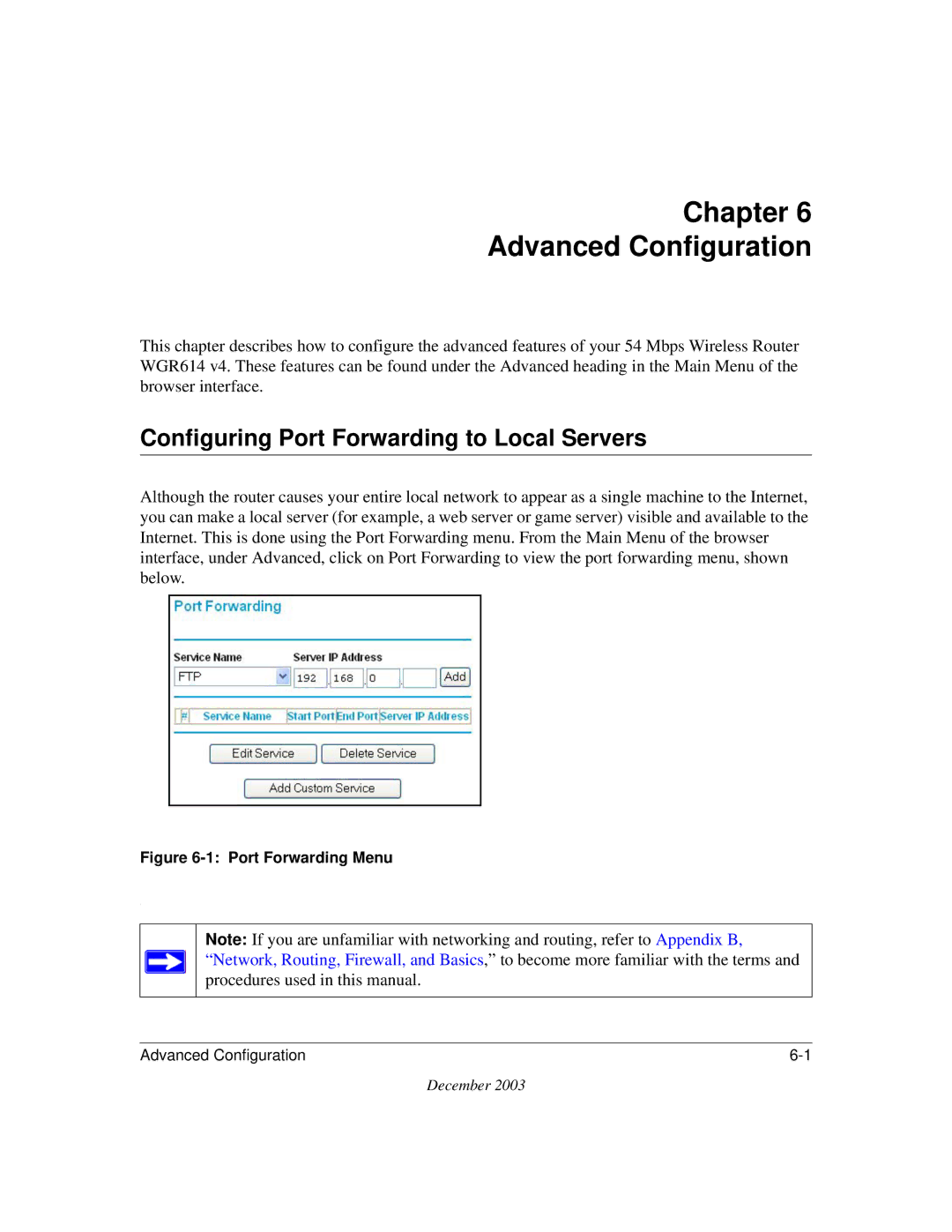 NETGEAR WGR614 v4 manual Chapter Advanced Configuration, Configuring Port Forwarding to Local Servers 