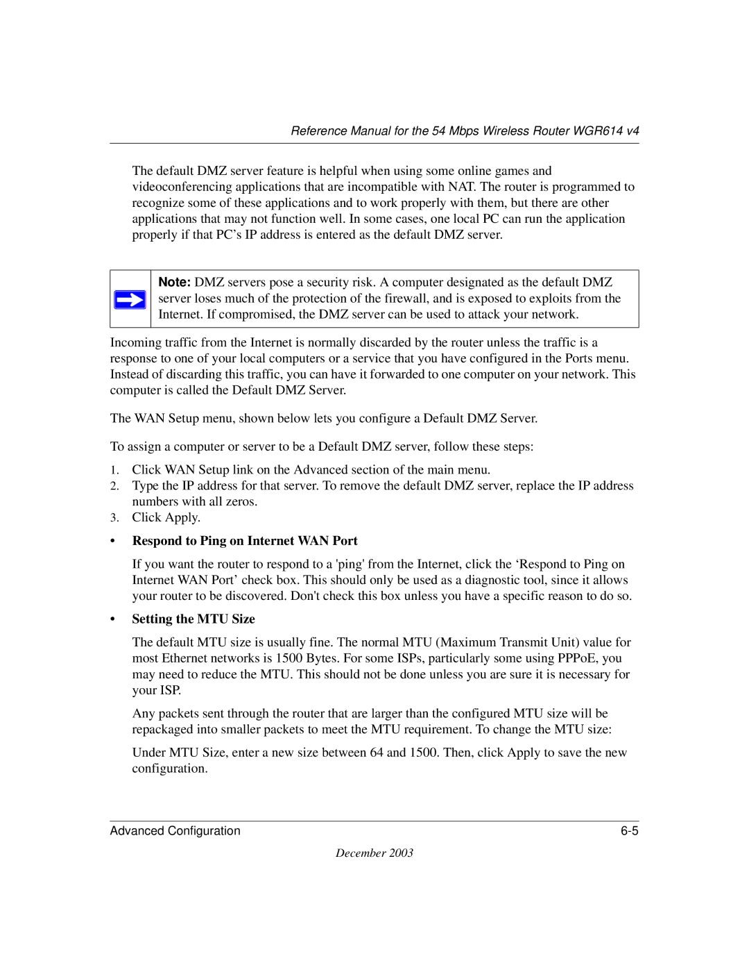 NETGEAR WGR614 v4 manual Respond to Ping on Internet WAN Port, Setting the MTU Size 