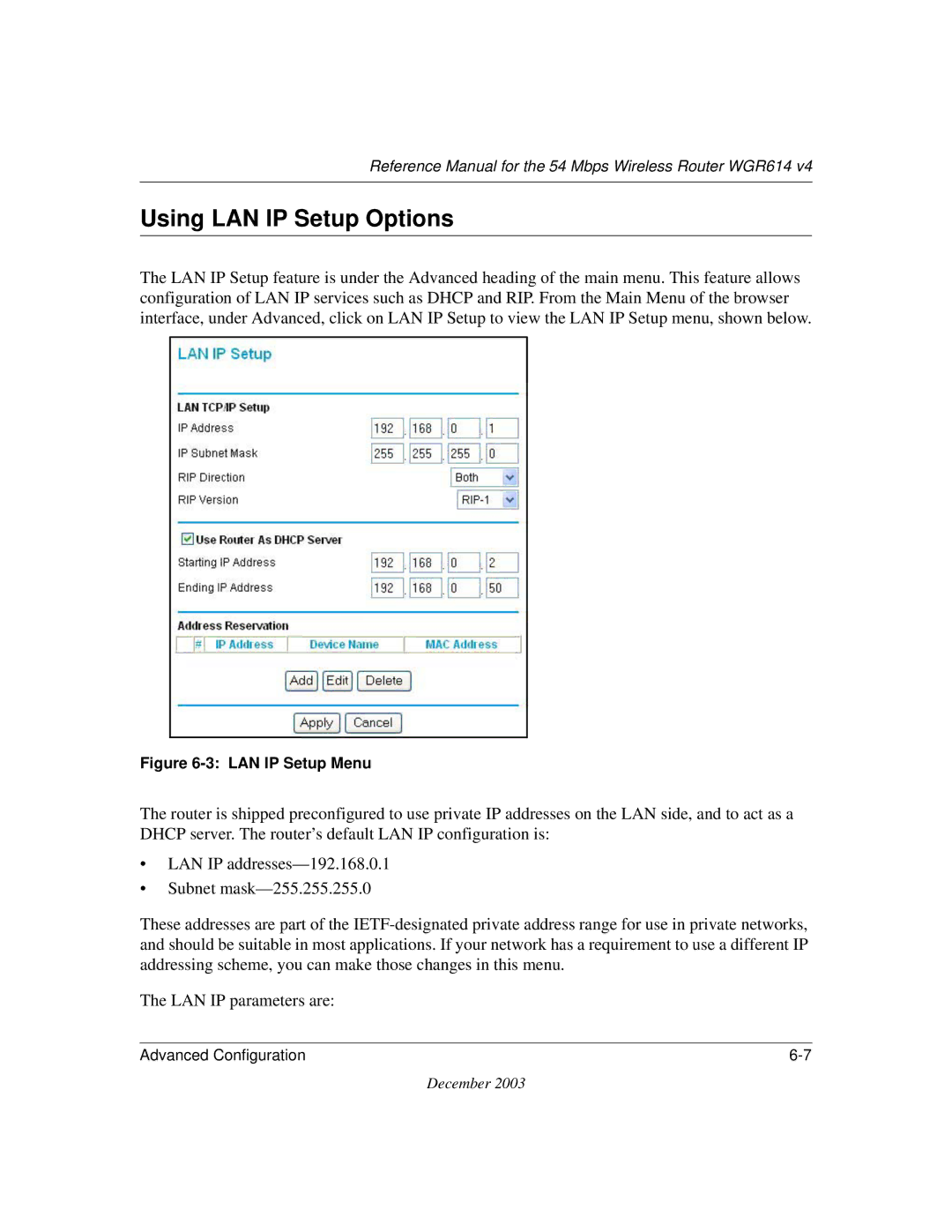 NETGEAR WGR614 v4 manual Using LAN IP Setup Options, LAN IP Setup Menu 