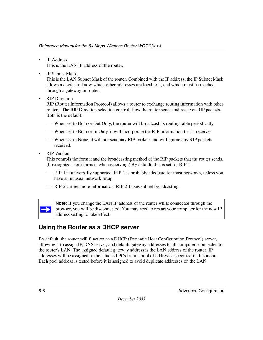 NETGEAR WGR614 v4 manual Using the Router as a Dhcp server 