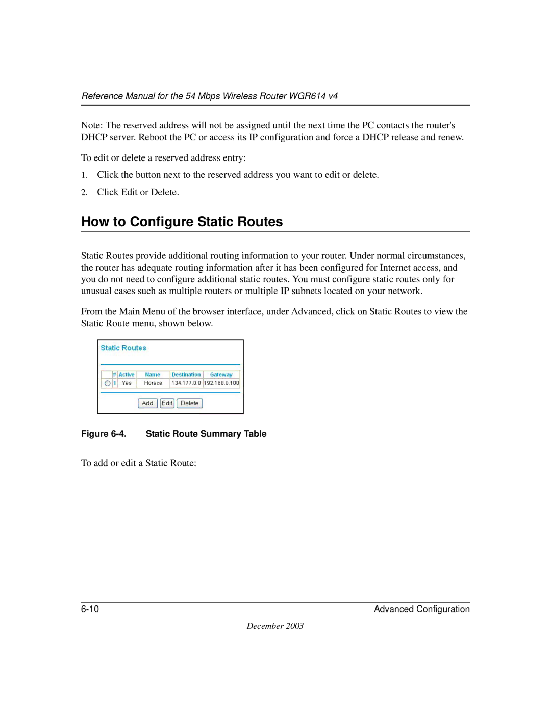 NETGEAR WGR614 v4 manual How to Configure Static Routes, Static Route Summary Table 