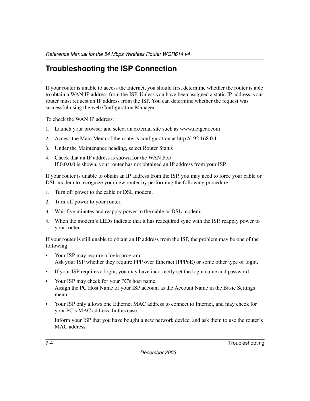 NETGEAR WGR614 v4 manual Troubleshooting the ISP Connection 