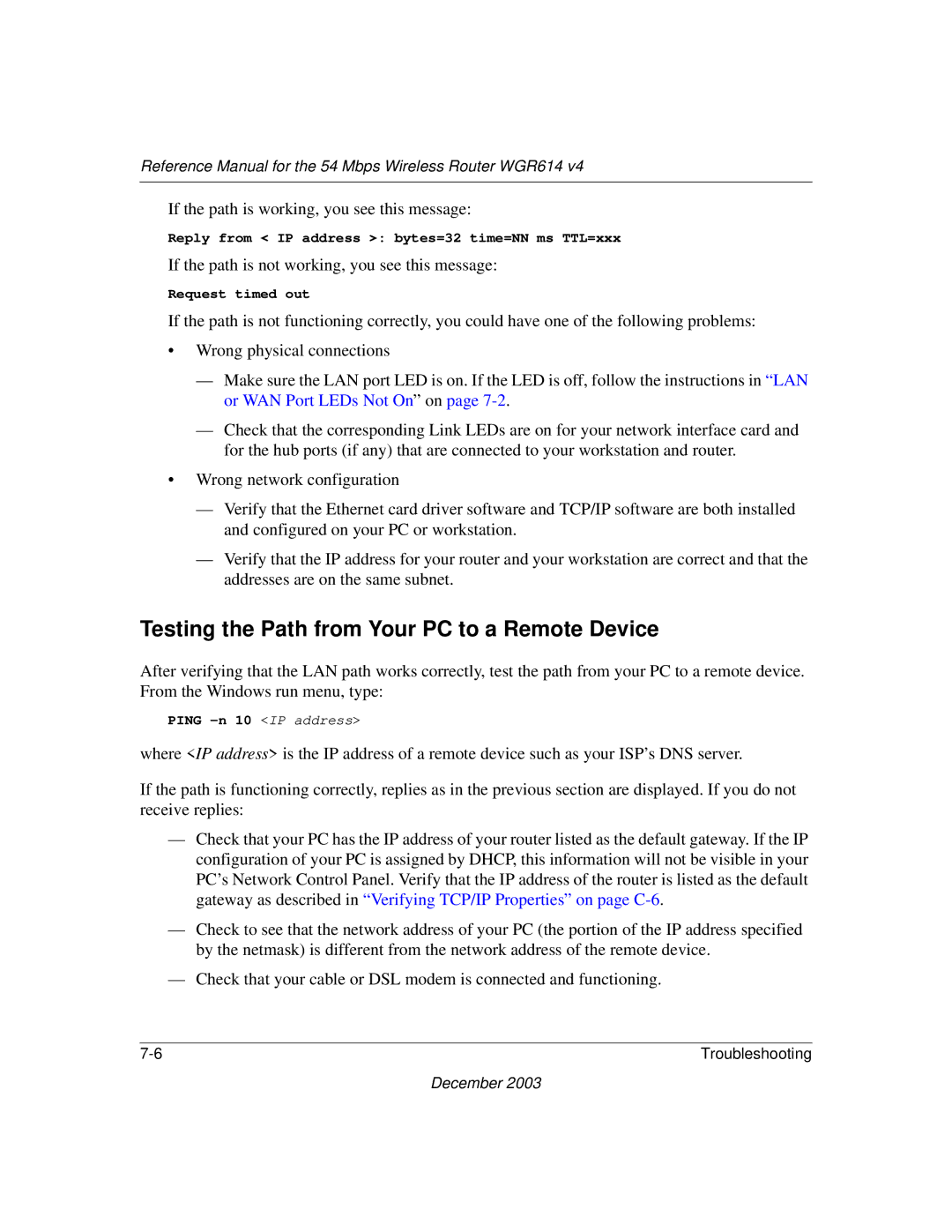 NETGEAR WGR614 v4 manual Testing the Path from Your PC to a Remote Device 