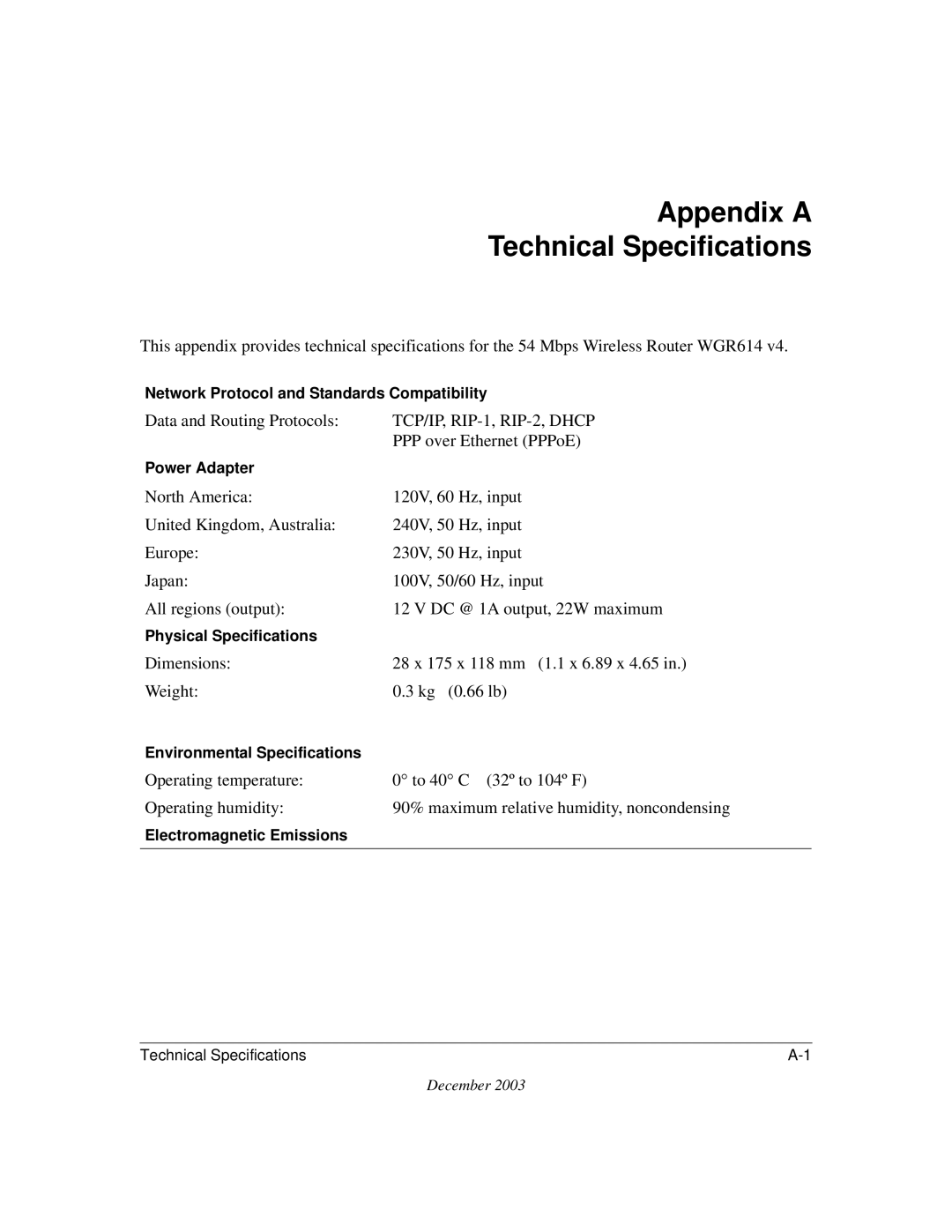 NETGEAR WGR614 v4 manual Appendix a Technical Specifications, TCP/IP, RIP-1, RIP-2, Dhcp 