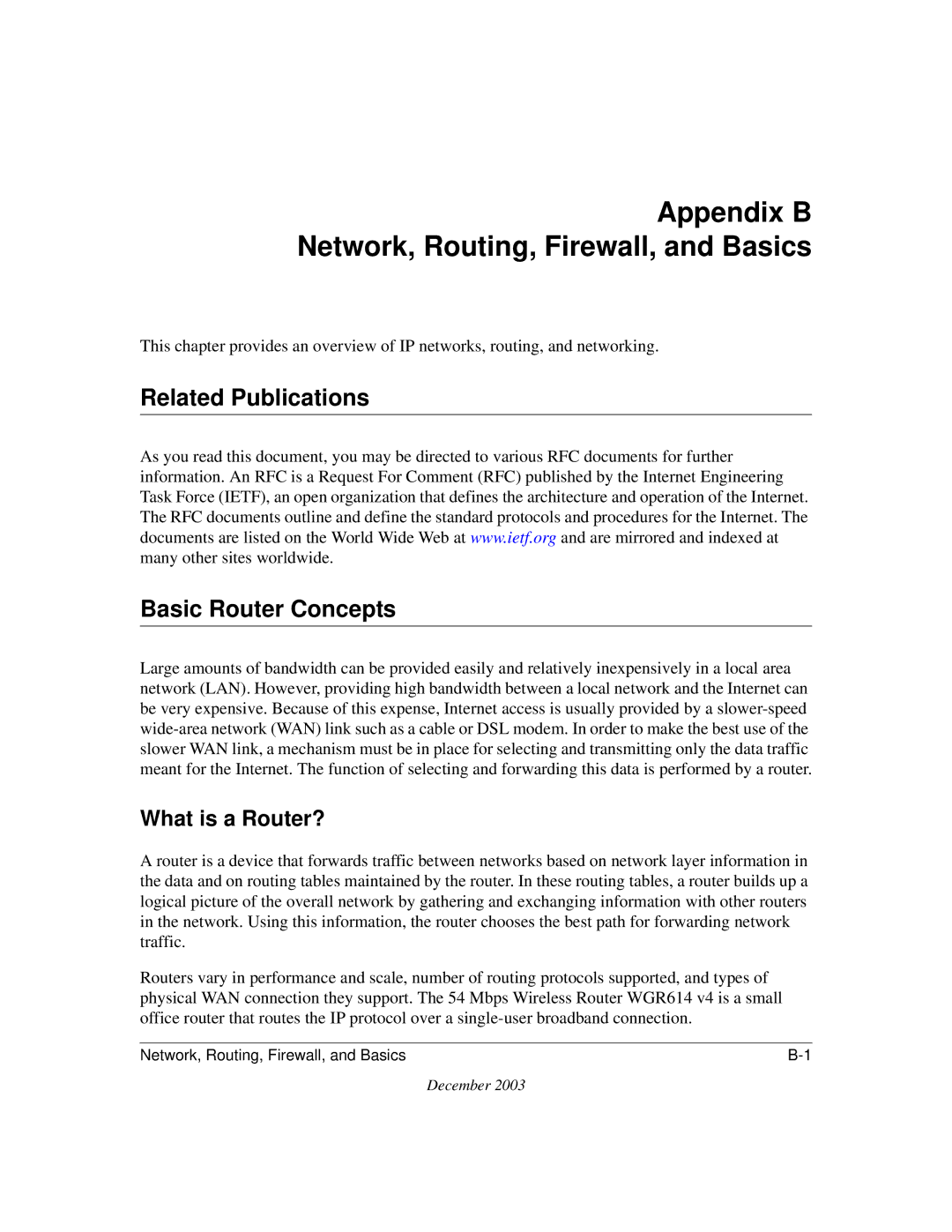 NETGEAR WGR614 v4 manual Appendix B Network, Routing, Firewall, and Basics, Related Publications Basic Router Concepts 