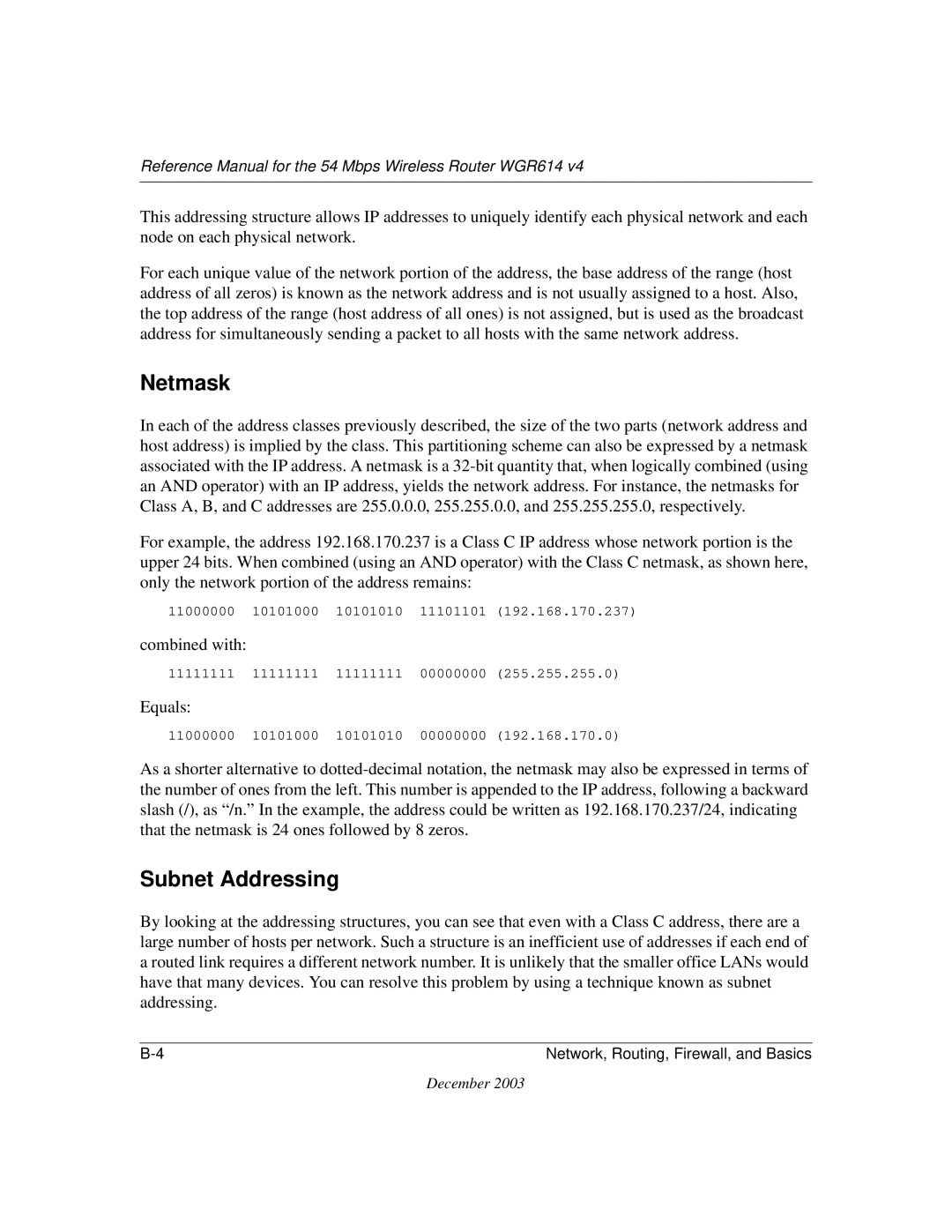 NETGEAR WGR614 v4 manual Netmask, Subnet Addressing 