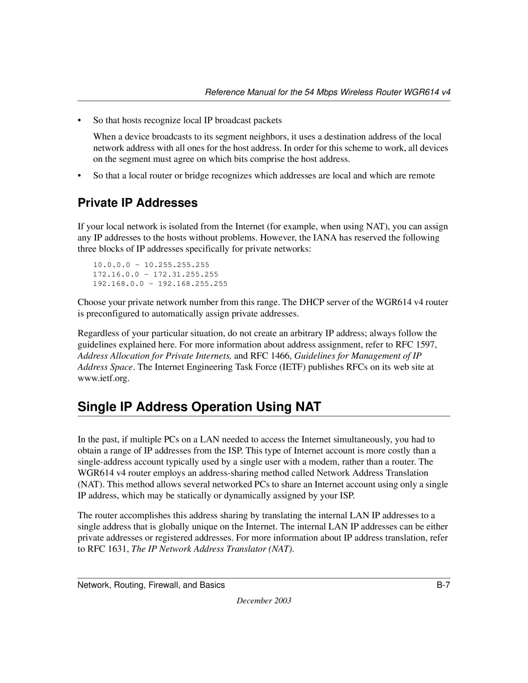 NETGEAR WGR614 v4 manual Single IP Address Operation Using NAT, Private IP Addresses 