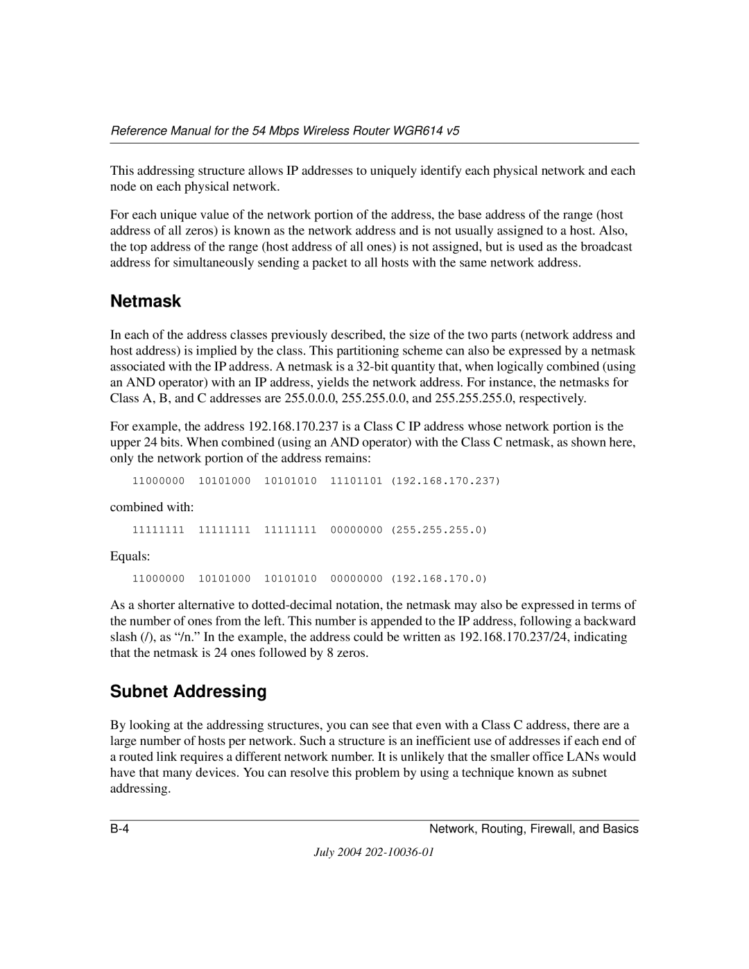 NETGEAR WGR614 v5 manual Netmask, Subnet Addressing 