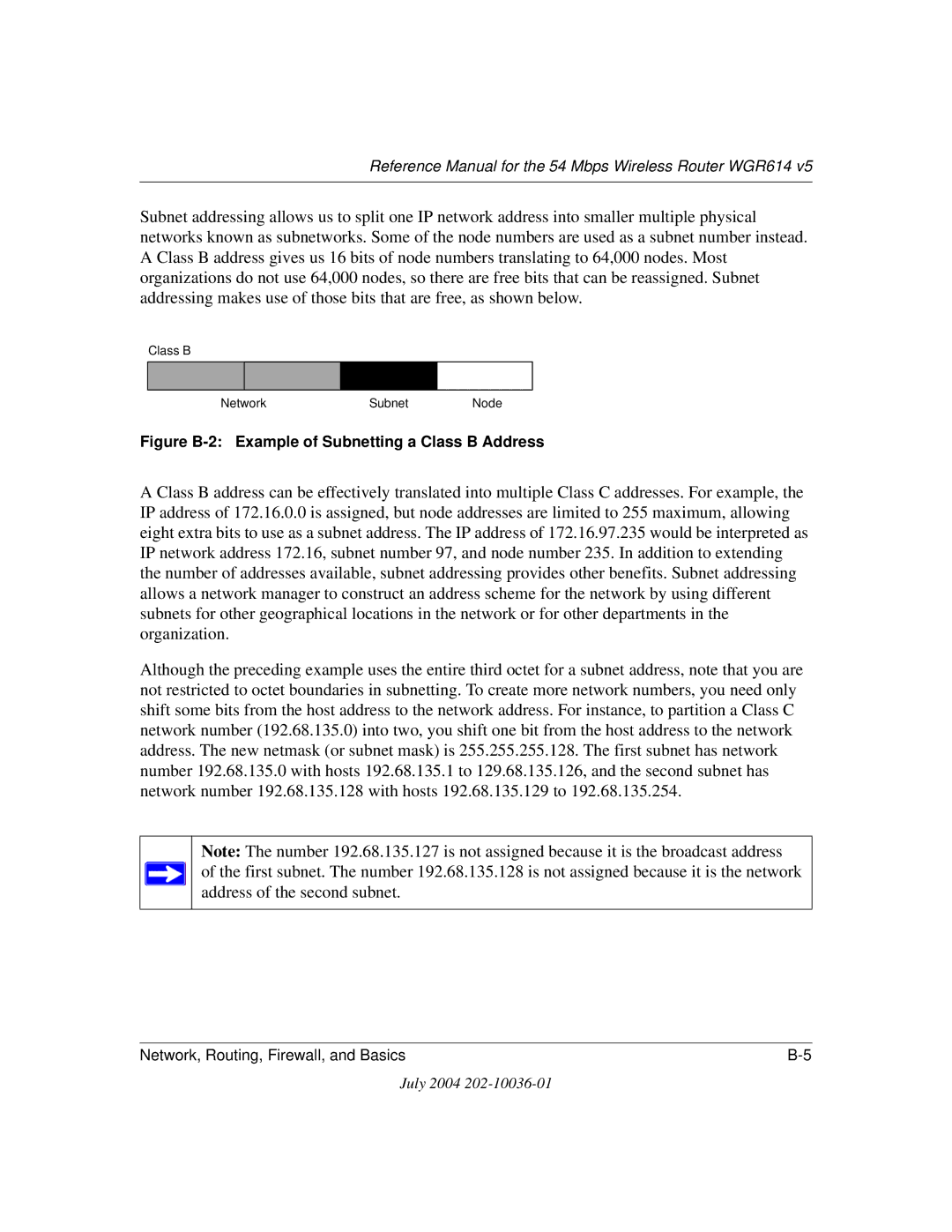 NETGEAR WGR614 v5 manual Figure B-2 Example of Subnetting a Class B Address 