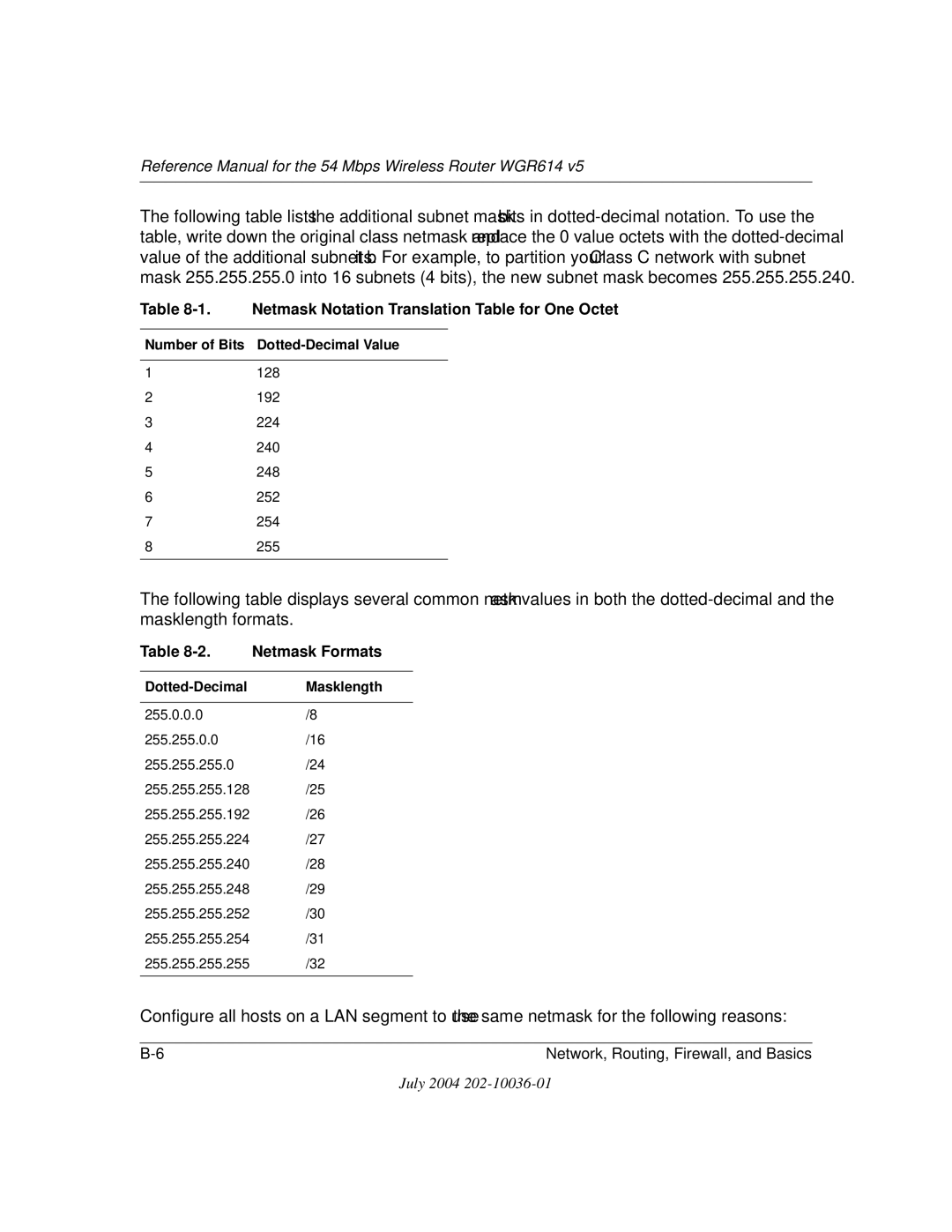 NETGEAR WGR614 v5 manual Netmask Notation Translation Table for One Octet, Netmask Formats 