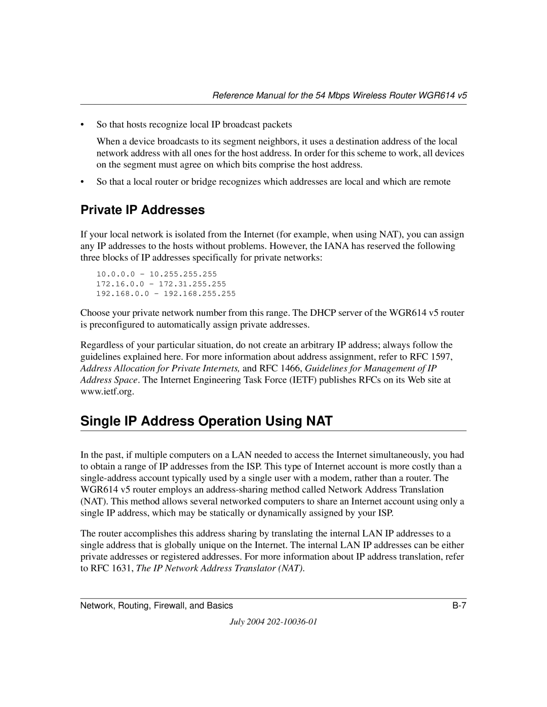 NETGEAR WGR614 v5 manual Single IP Address Operation Using NAT, Private IP Addresses 