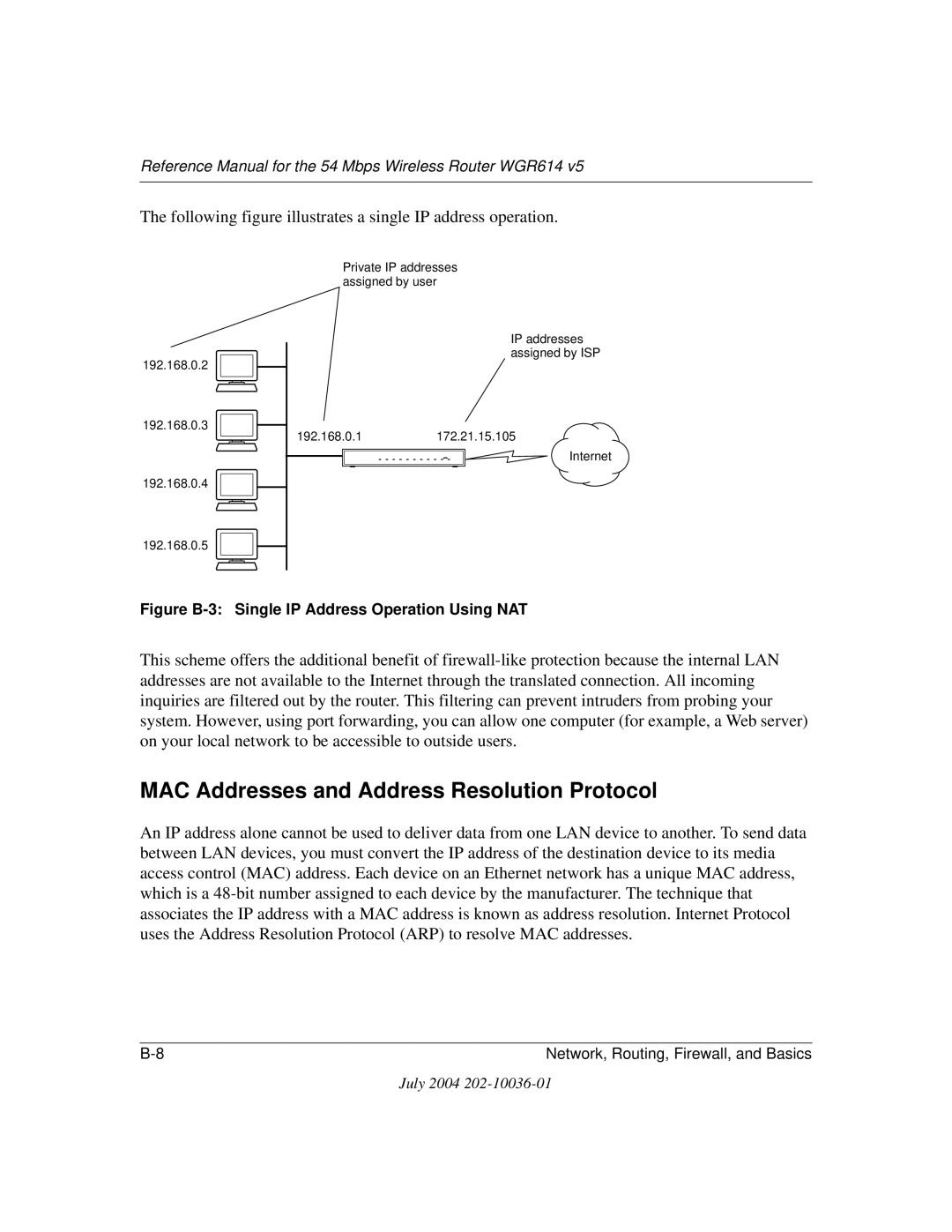 NETGEAR WGR614 v5 manual MAC Addresses and Address Resolution Protocol, Figure B-3 Single IP Address Operation Using NAT 