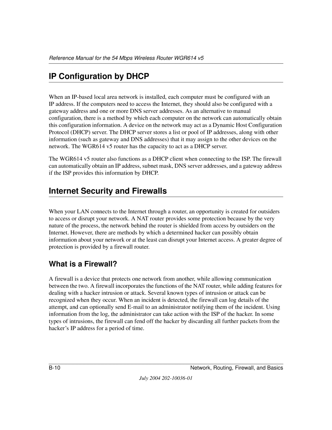 NETGEAR WGR614 v5 manual IP Configuration by Dhcp, Internet Security and Firewalls, What is a Firewall? 