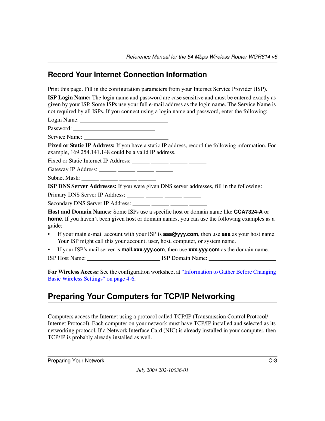 NETGEAR WGR614 v5 manual Preparing Your Computers for TCP/IP Networking, Record Your Internet Connection Information 