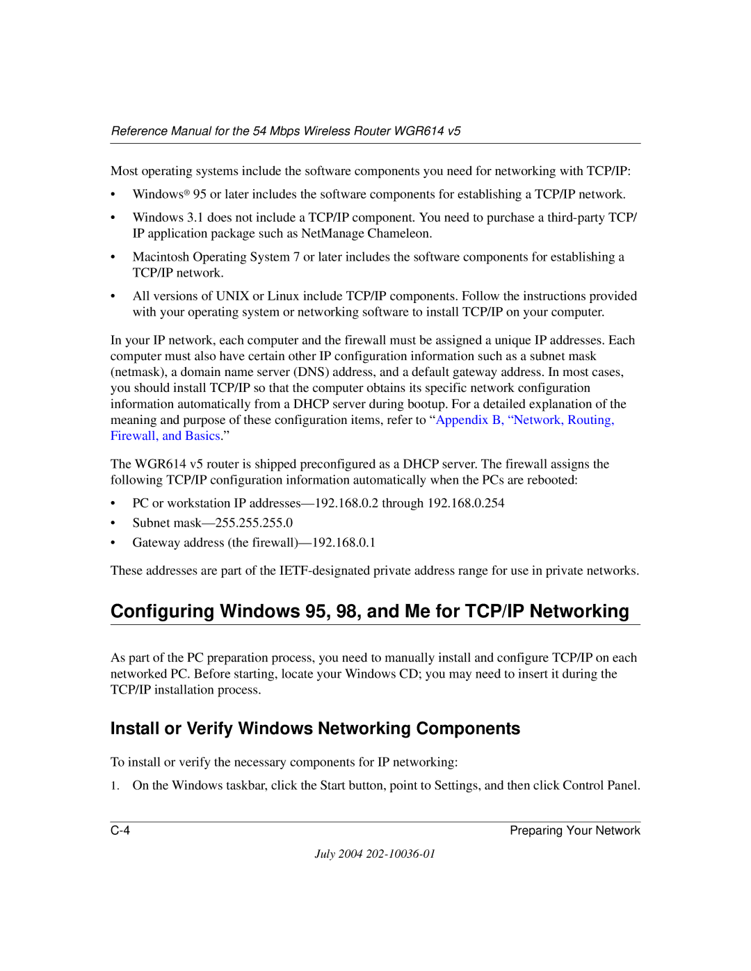 NETGEAR WGR614 v5 manual Configuring Windows 95, 98, and Me for TCP/IP Networking 