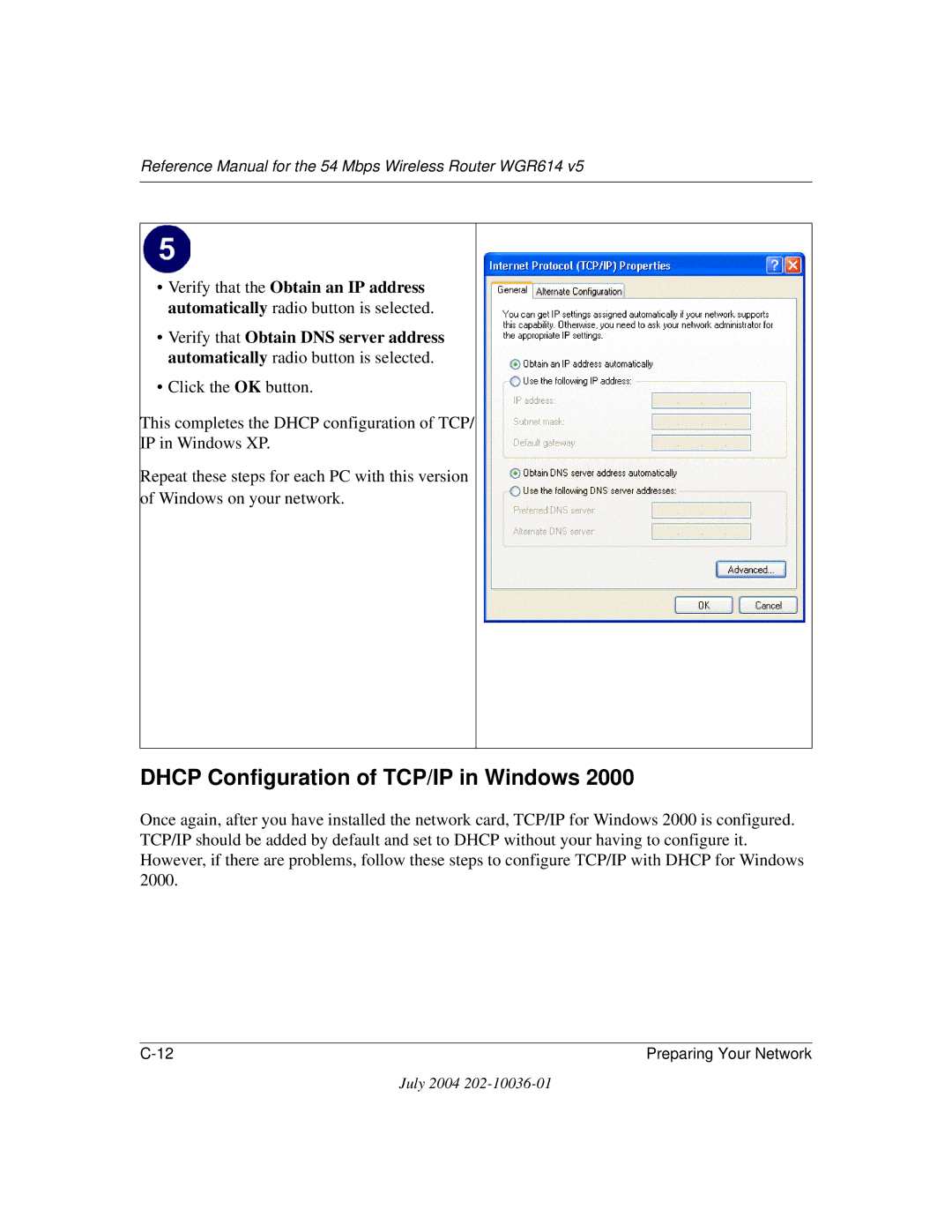 NETGEAR WGR614 v5 manual Dhcp Configuration of TCP/IP in Windows 