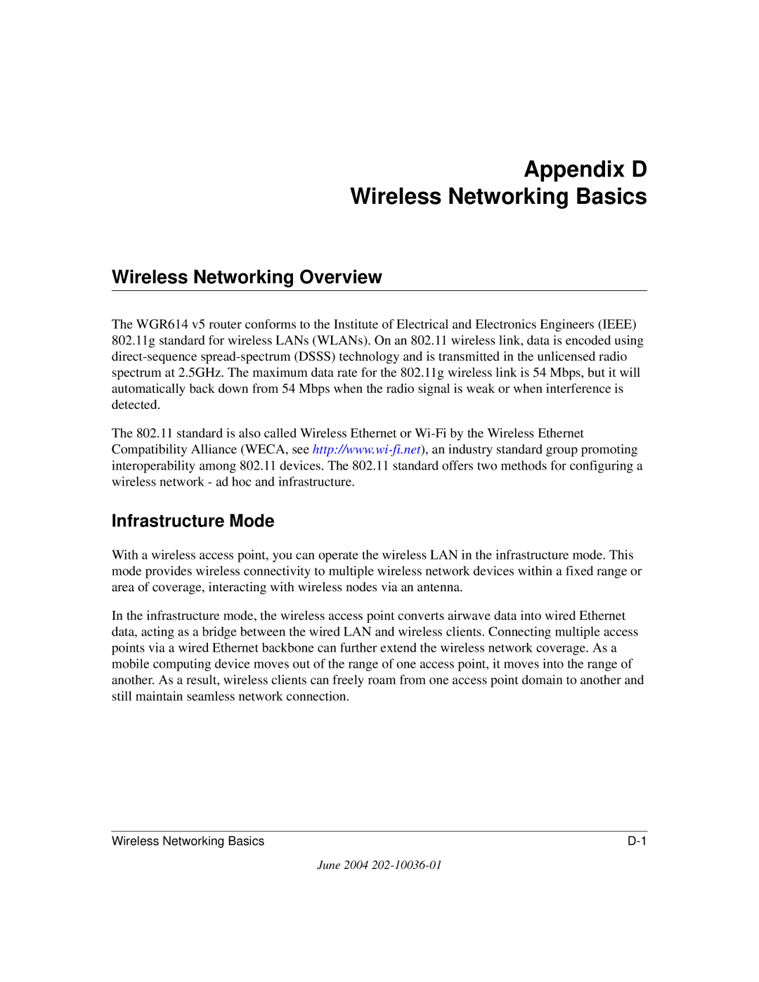 NETGEAR WGR614 v5 manual Appendix D Wireless Networking Basics, Wireless Networking Overview, Infrastructure Mode 