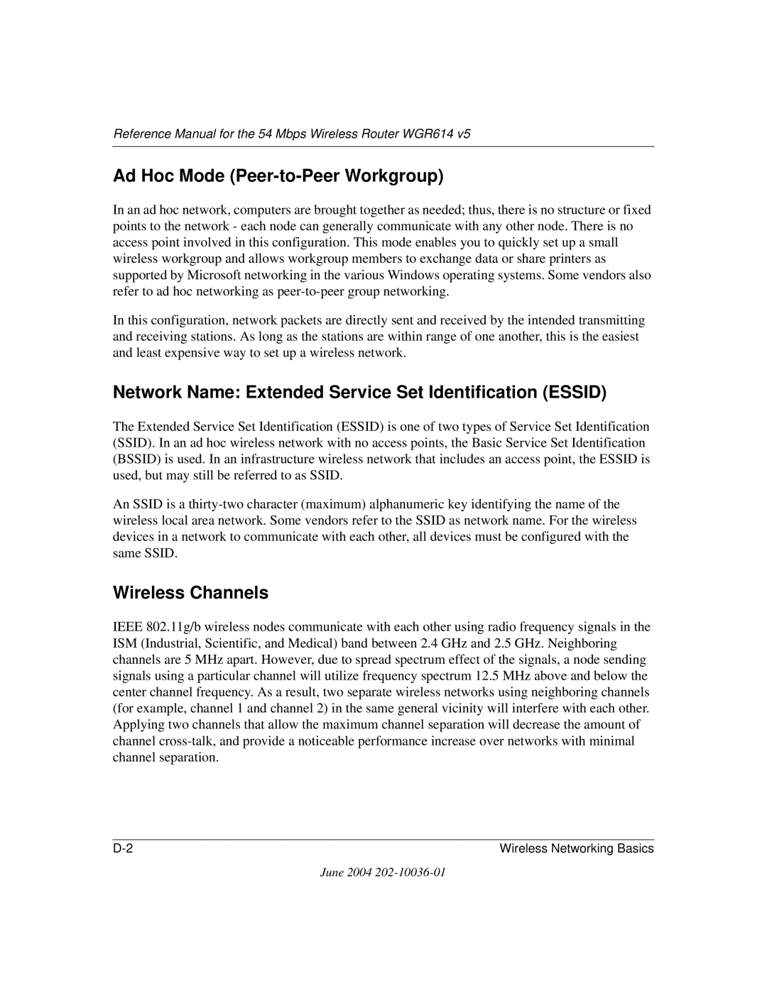 NETGEAR WGR614 v5 manual Ad Hoc Mode Peer-to-Peer Workgroup, Network Name Extended Service Set Identification Essid 