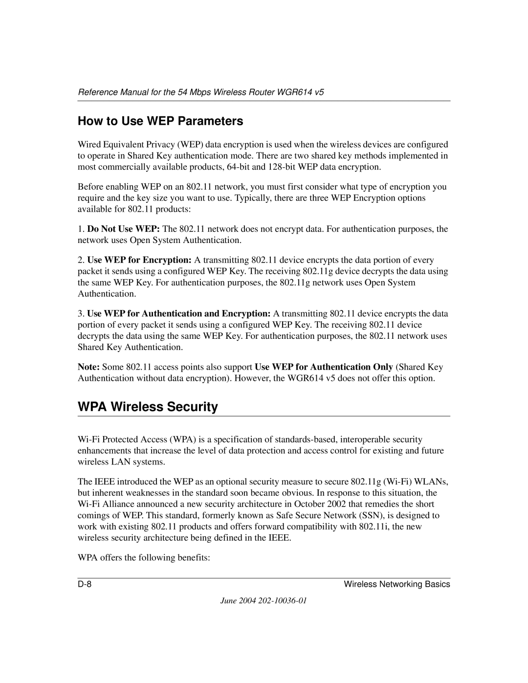 NETGEAR WGR614 v5 manual WPA Wireless Security, How to Use WEP Parameters 