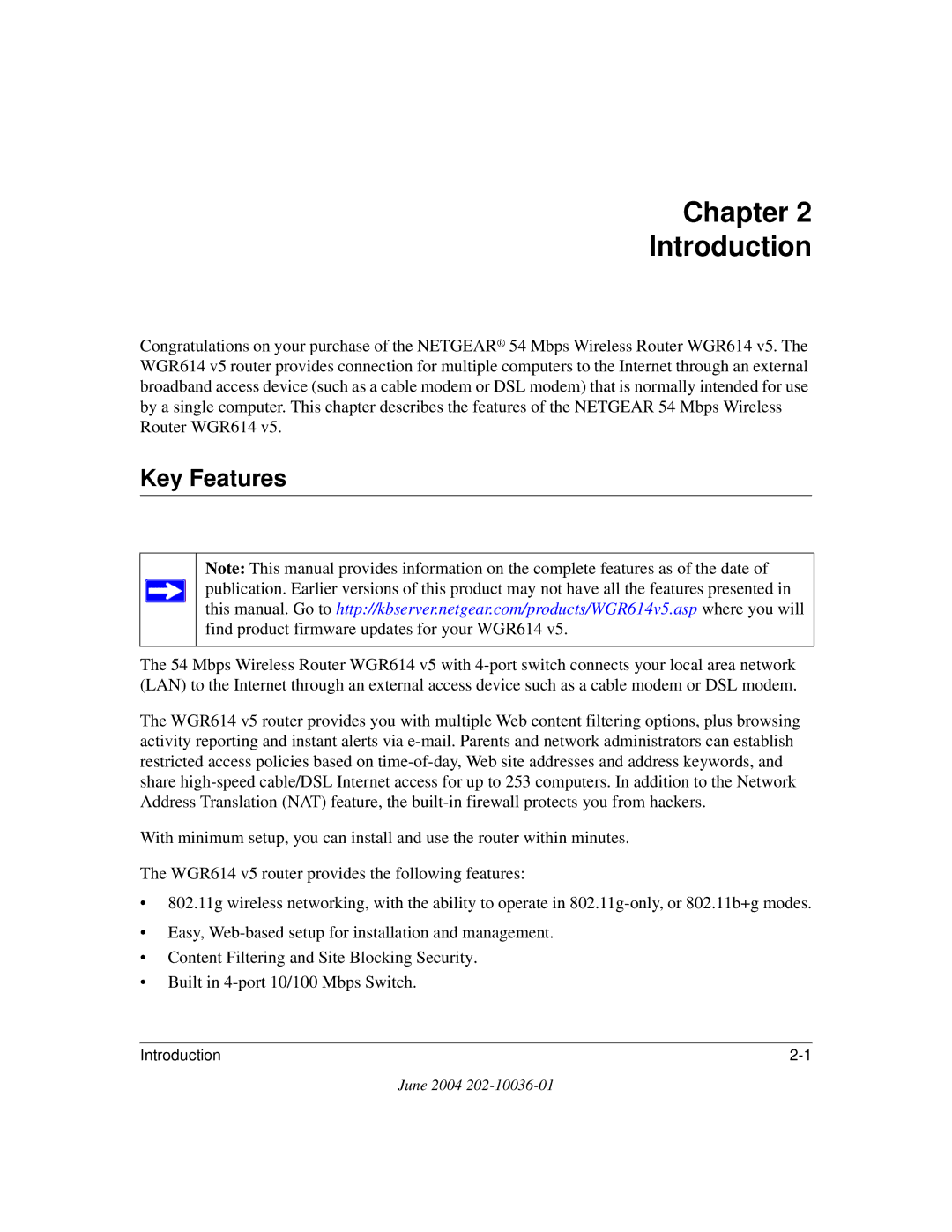 NETGEAR WGR614 v5 manual Chapter Introduction, Key Features 