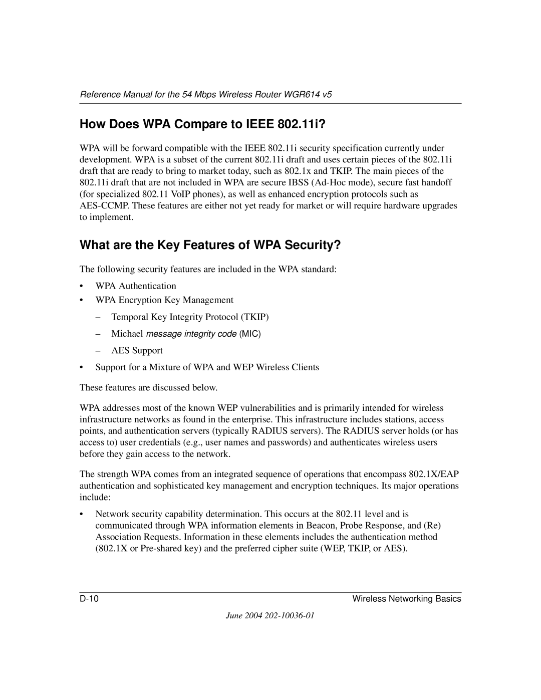 NETGEAR WGR614 v5 manual How Does WPA Compare to Ieee 802.11i?, What are the Key Features of WPA Security? 