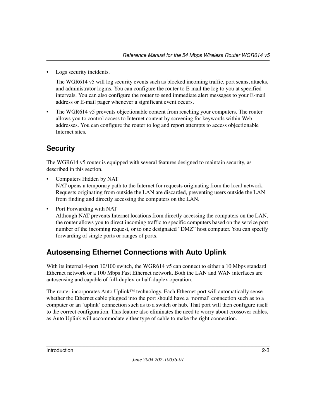 NETGEAR WGR614 v5 manual Security, Autosensing Ethernet Connections with Auto Uplink 