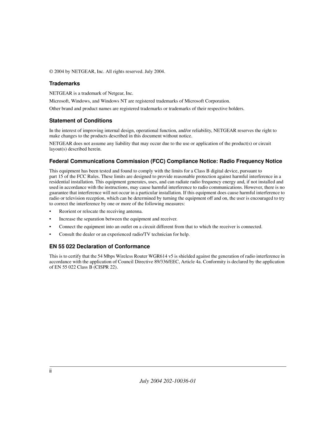 NETGEAR WGR614 v5 manual Trademarks, Statement of Conditions, EN 55 022 Declaration of Conformance 