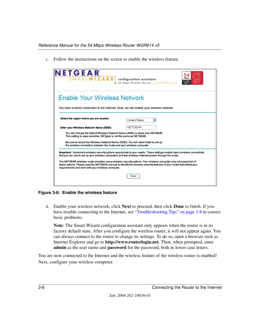 NETGEAR WGR614 v5 manual Enable the wireless feature 