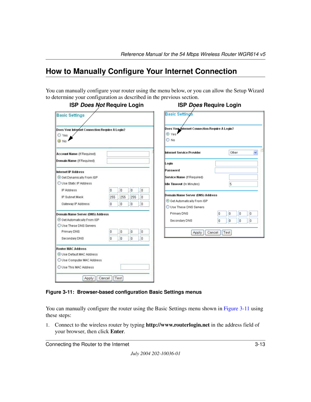 NETGEAR WGR614 v5 How to Manually Configure Your Internet Connection, Browser-based configuration Basic Settings menus 