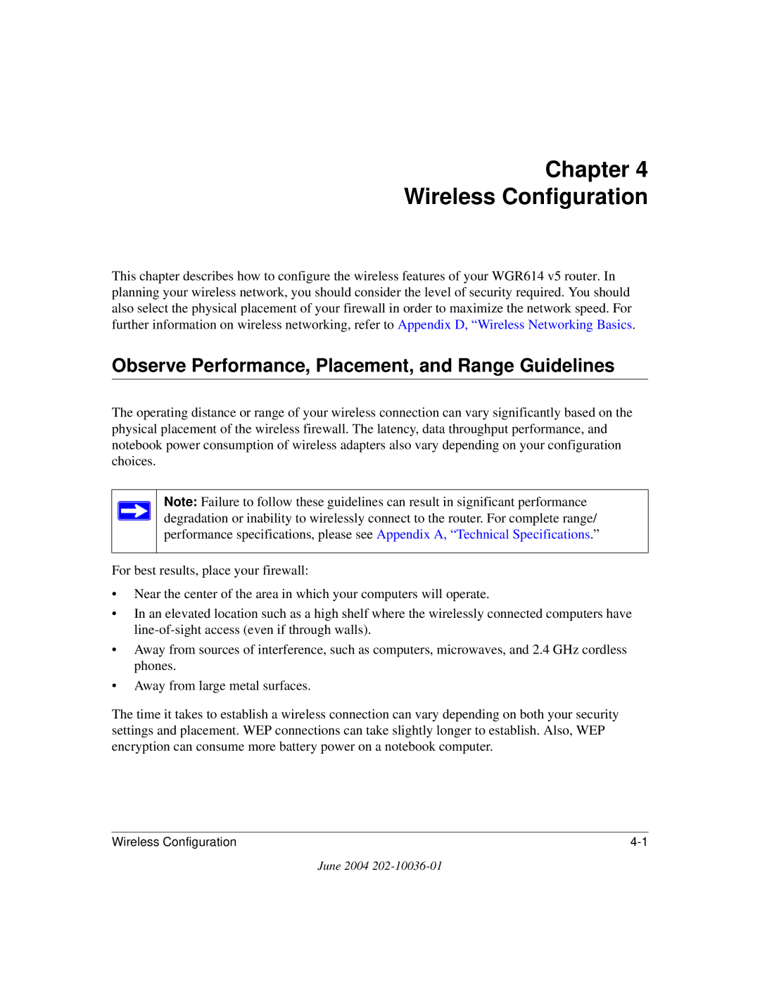 NETGEAR WGR614 v5 manual Chapter Wireless Configuration, Observe Performance, Placement, and Range Guidelines 