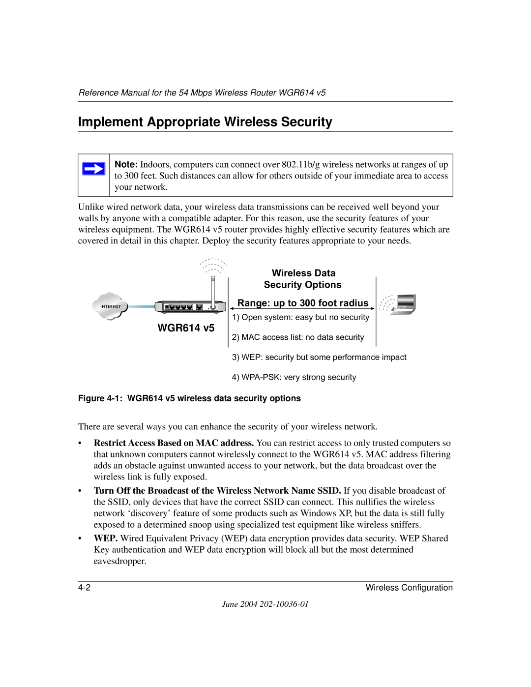 NETGEAR manual Implement Appropriate Wireless Security, WGR614 v5 wireless data security options 