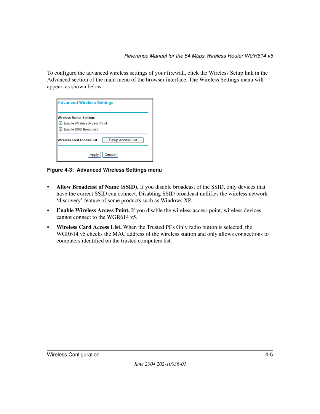 NETGEAR WGR614 v5 manual Advanced Wireless Settings menu 