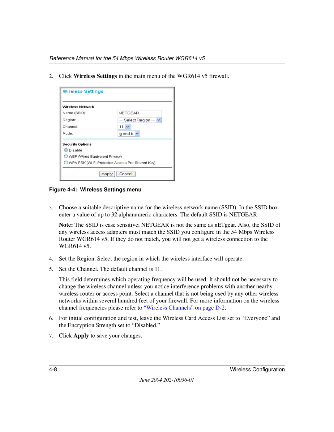 NETGEAR WGR614 v5 manual Wireless Settings menu 