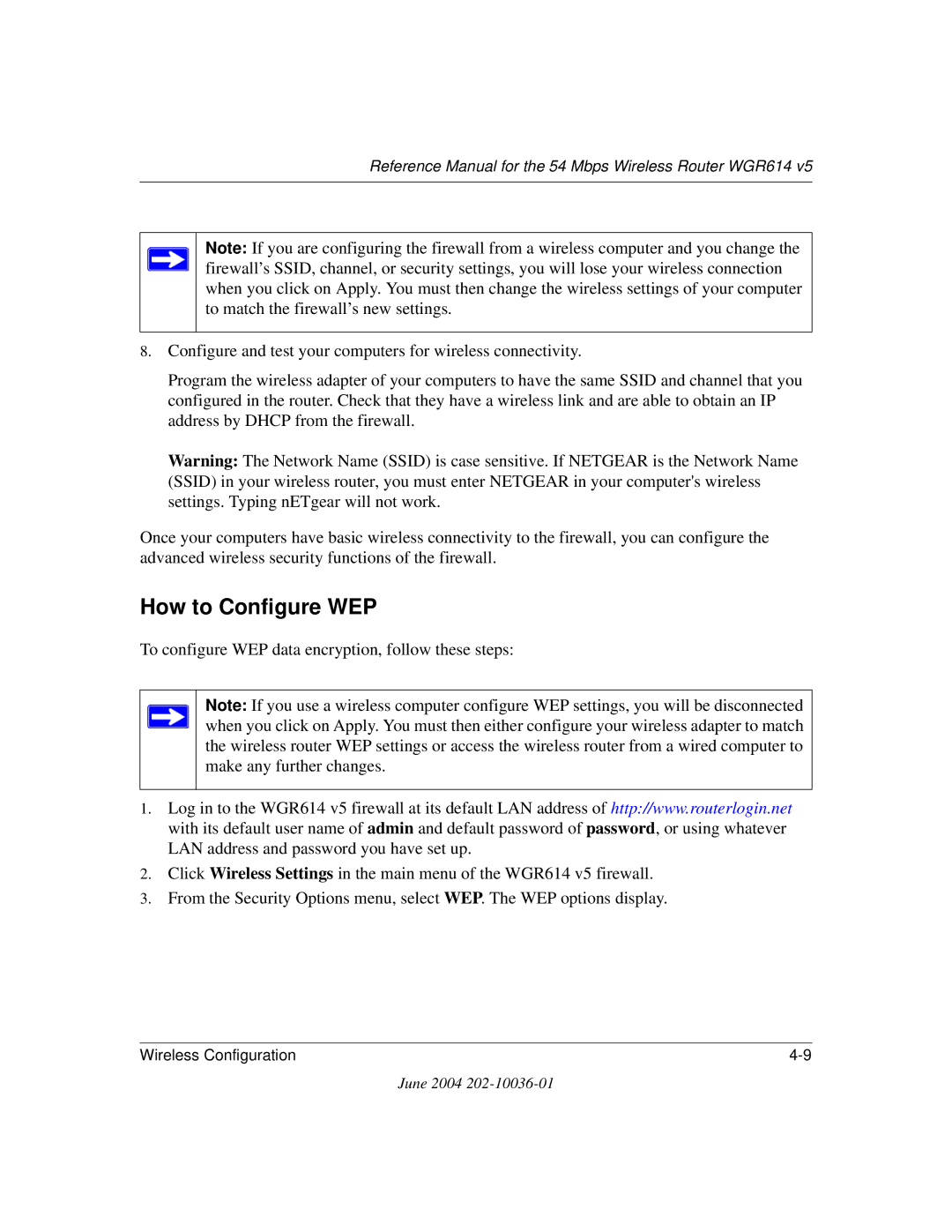 NETGEAR WGR614 v5 manual How to Configure WEP 