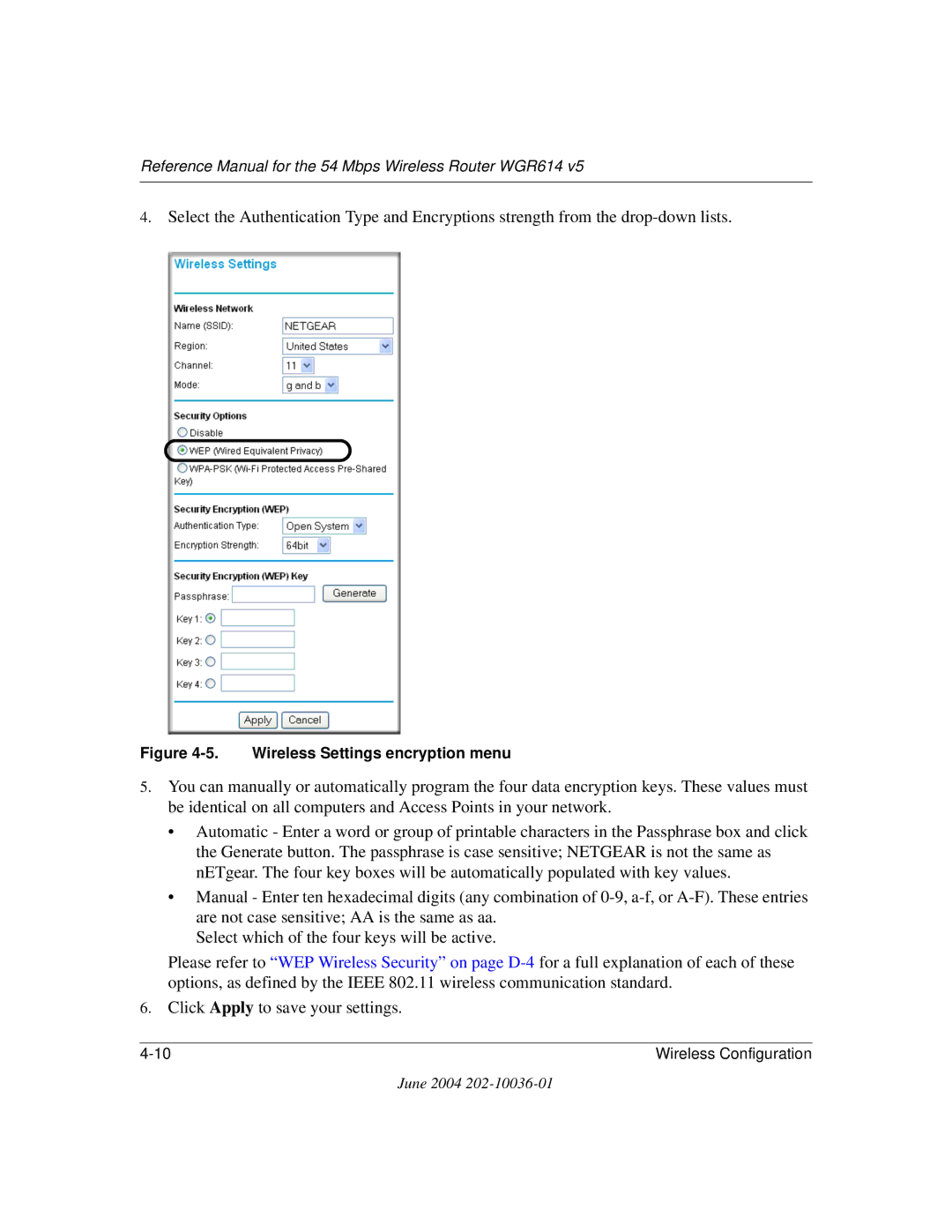 NETGEAR WGR614 v5 manual Wireless Settings encryption menu 