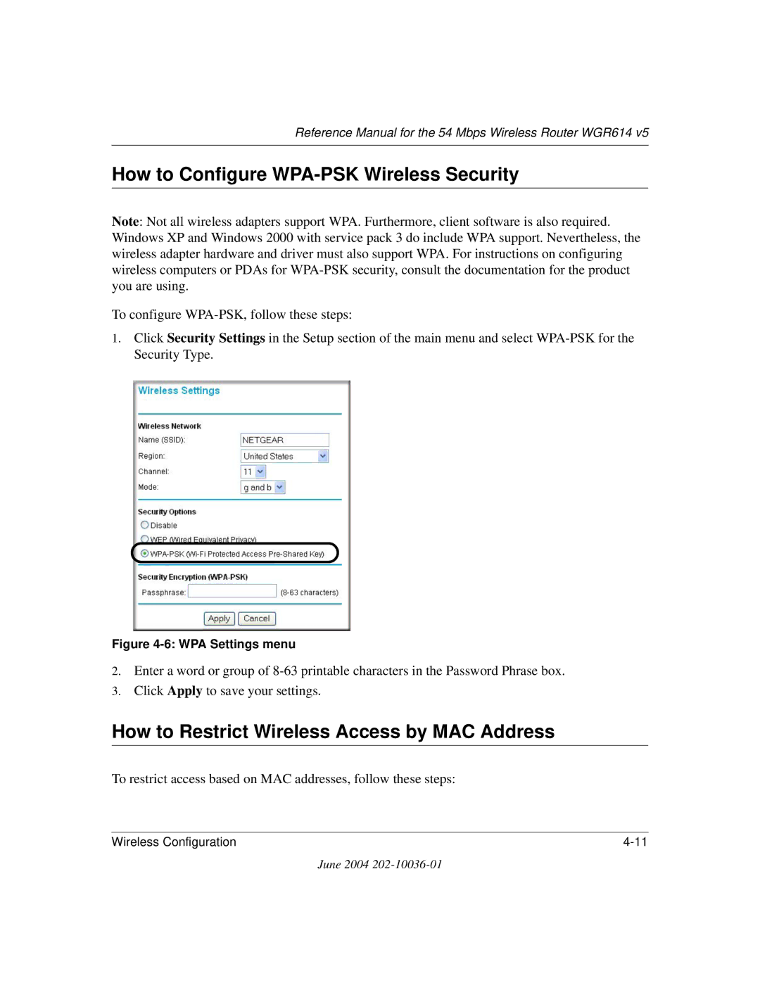 NETGEAR WGR614 v5 manual How to Configure WPA-PSK Wireless Security, How to Restrict Wireless Access by MAC Address 