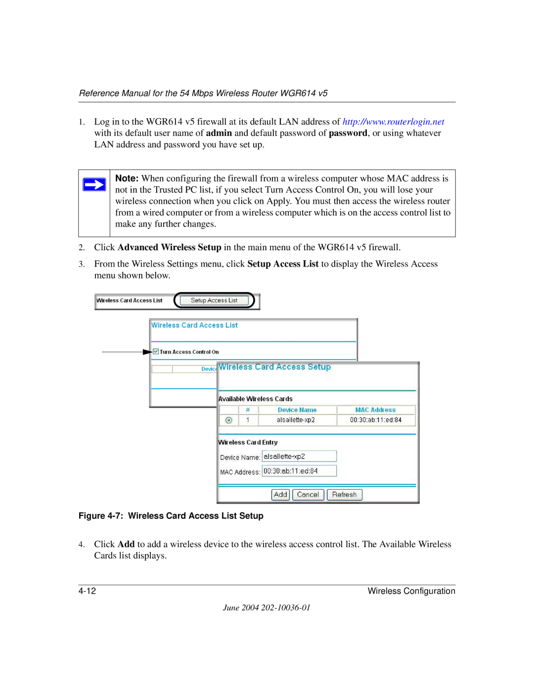 NETGEAR WGR614 v5 manual Wireless Card Access List Setup 