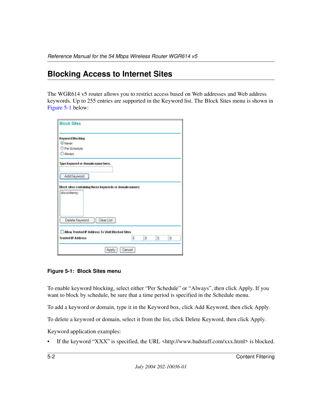 NETGEAR WGR614 v5 manual Blocking Access to Internet Sites, Block Sites menu 