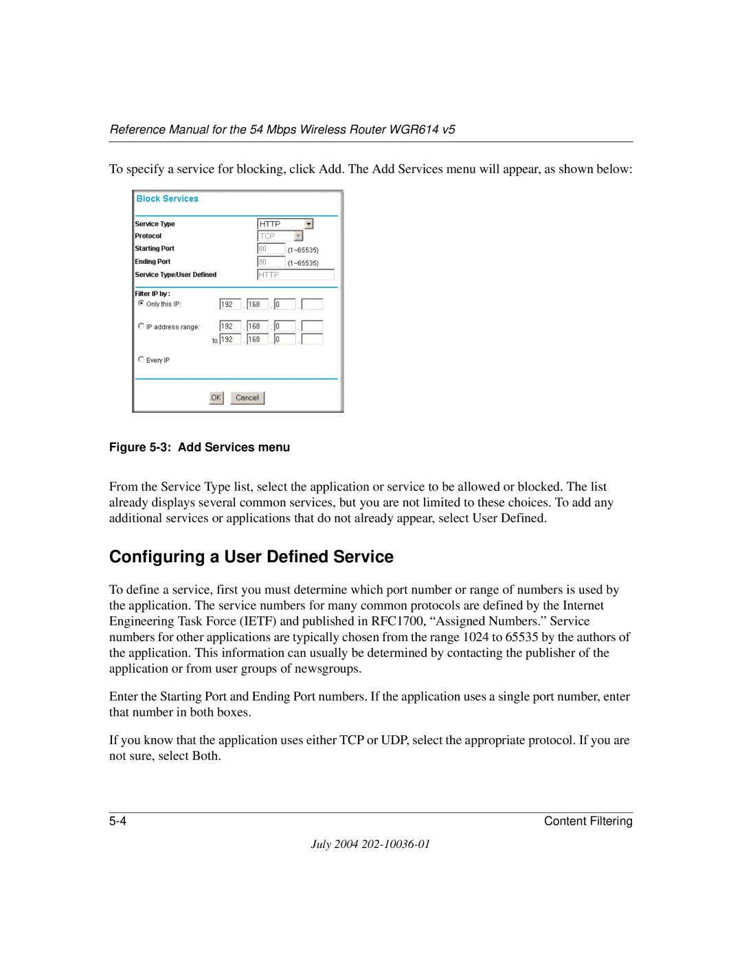 NETGEAR WGR614 v5 manual Configuring a User Defined Service, Add Services menu 