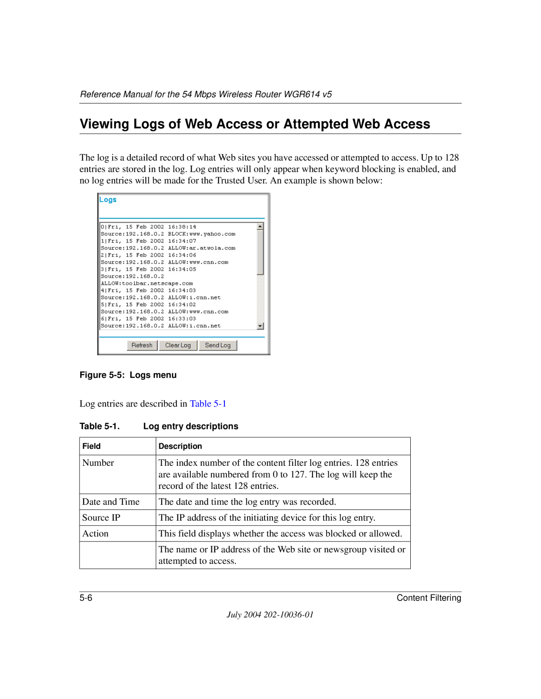 NETGEAR WGR614 v5 manual Viewing Logs of Web Access or Attempted Web Access, Log entry descriptions 