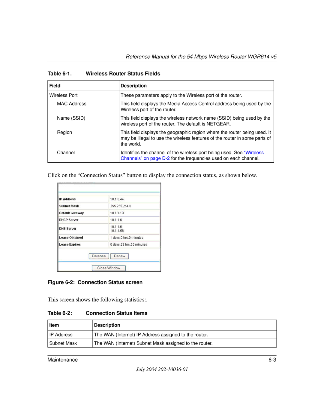 NETGEAR WGR614 v5 manual Connection Status screen, Connection Status Items 